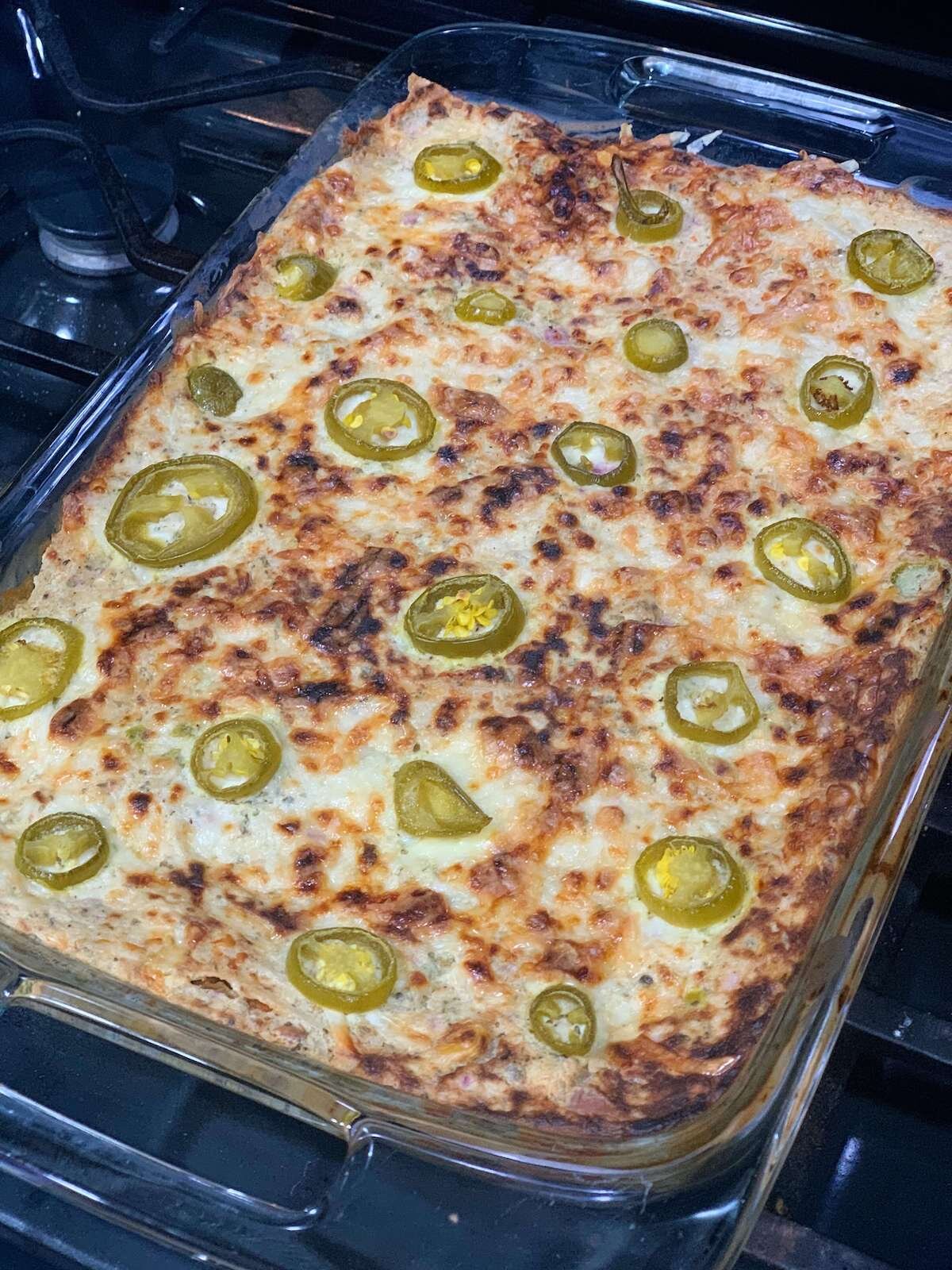 Enchilada Casserole with Jalapeño Cream Sauce | OKC Veggie