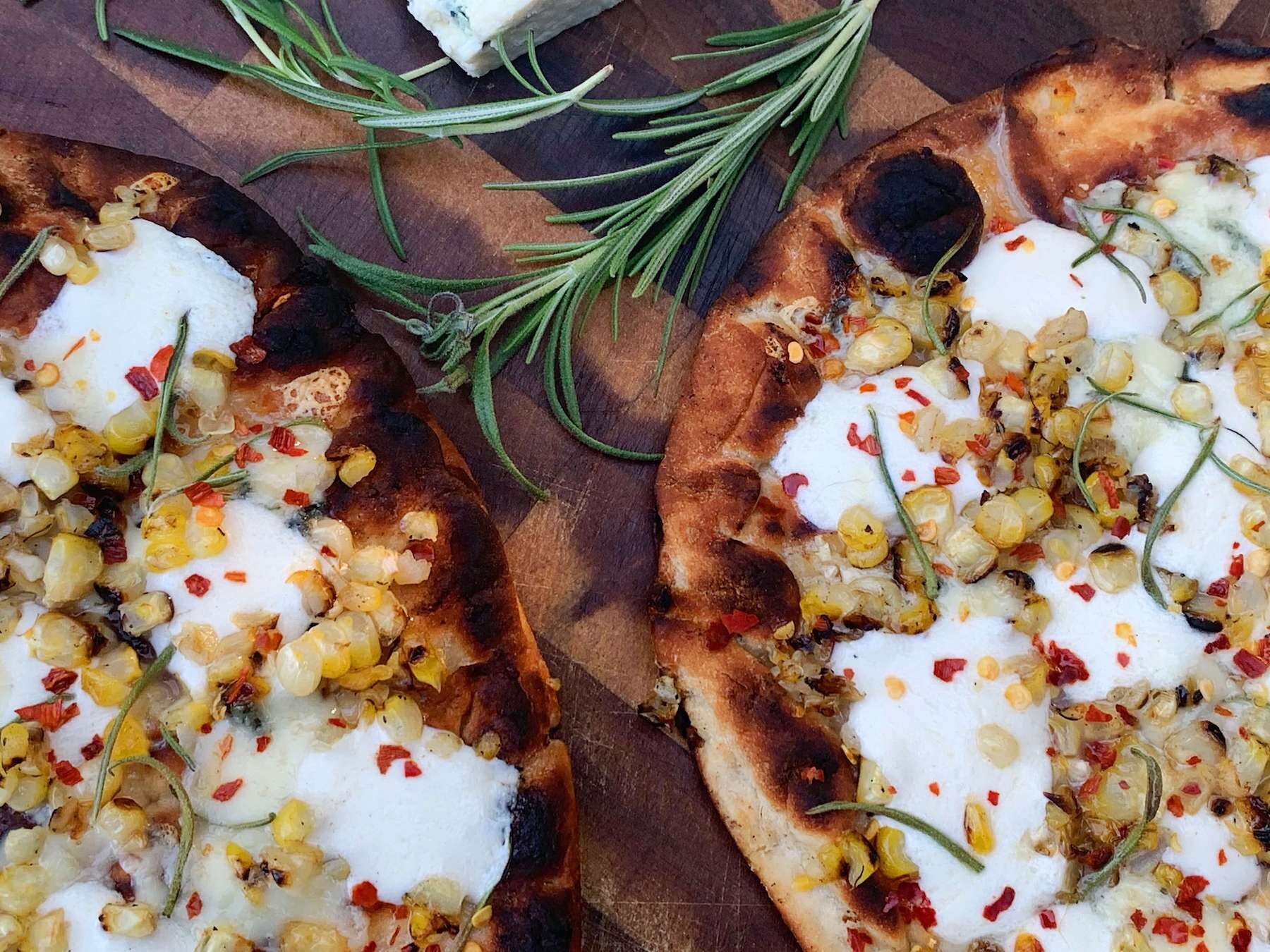 Charred Corn Pizzas with Rosemary, Mozzarella & Gorgonzola | OKC Veggie
