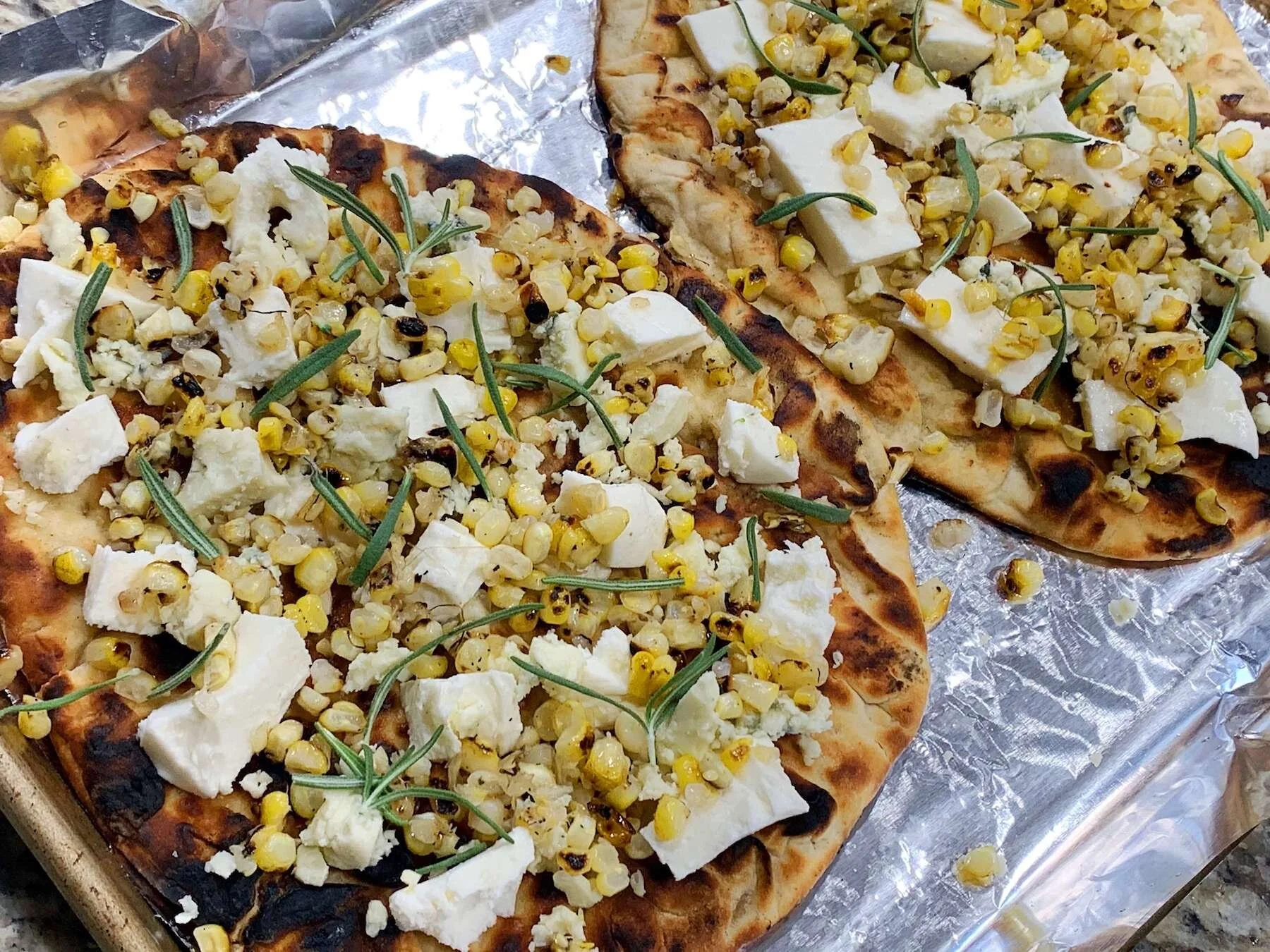 Charred Corn Pizzas with Rosemary, Mozzarella &amp; Gorgonzola | OKC Veggie