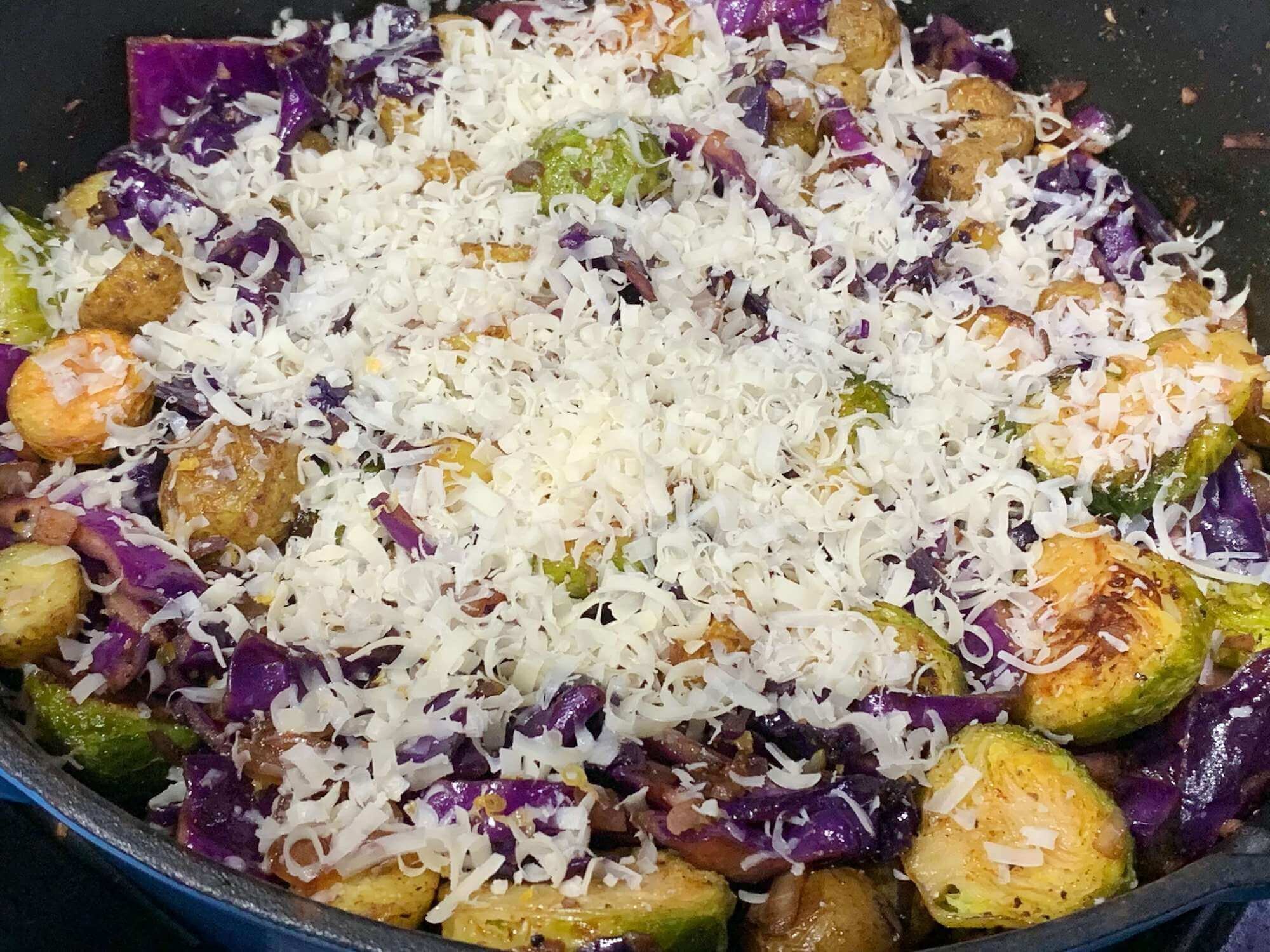 Parmesan Purple Cabbage, Fingerling Potatoes &amp; Brussels Sprouts Hash