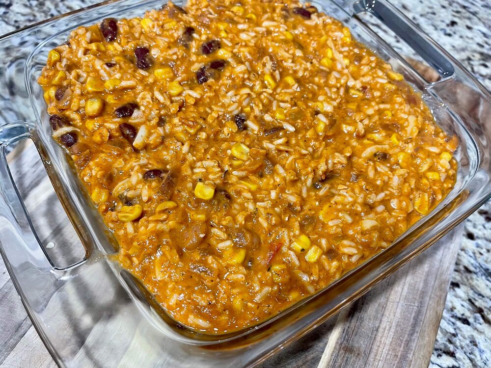 Easy Cheesy Beans &amp; Rice Casserole | OKC Veggie