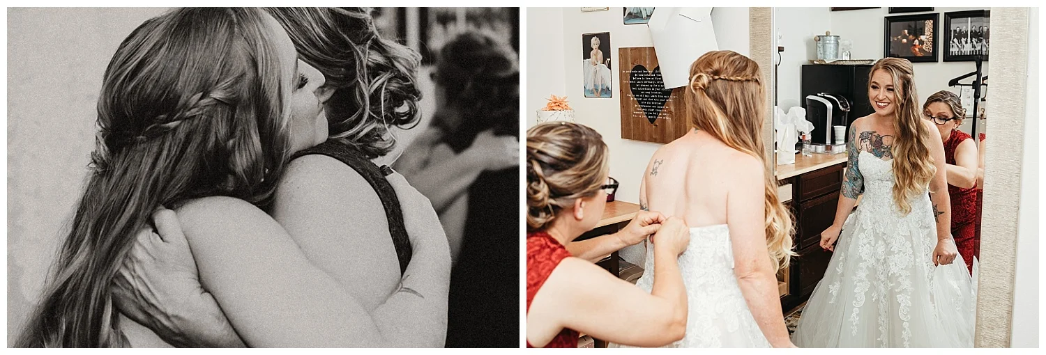 Mamma and Bride putting on wedding dress. Such a sweet moment between the two of them.
