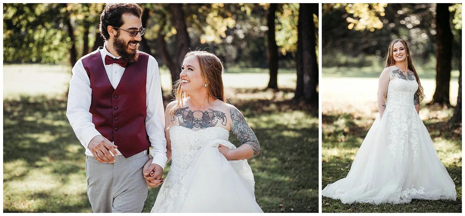 Bride and Groom running and laughing. Portrait of beautiful Bride to be.