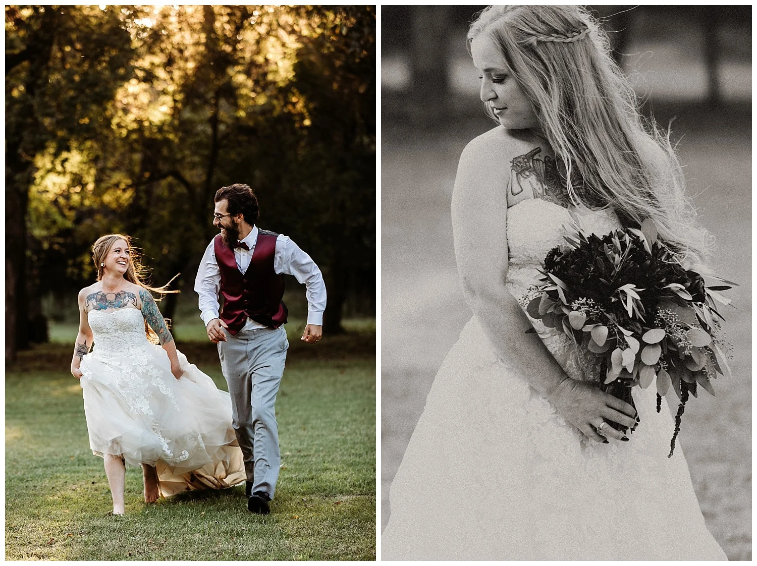 Bride and Groom running, laughing and ready for the day!