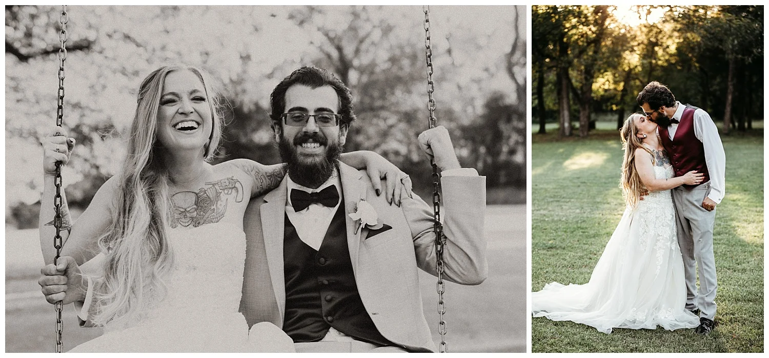 Bride and Groom having a blast on swing-set at the Ranch of the Saints in Jones, OK.