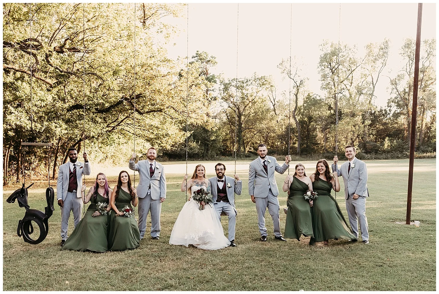 Bridal Party on Swing set at The Ranch of the Saints in Jones, Oklahoma