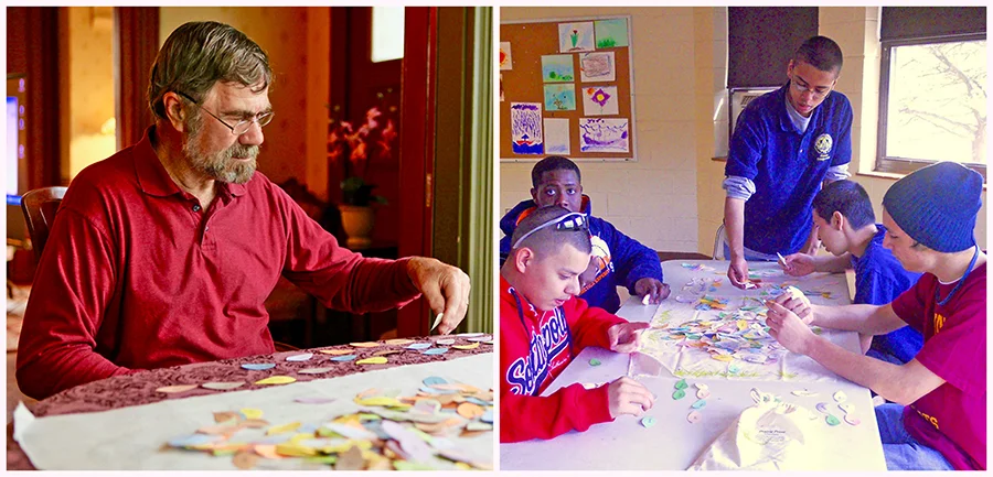 From left to right: “Few words, endless meanings,” a player ponders his poem at the Westchester Township History Museum. Photo by Heather Eidson, courtesy of the Times of Northwest Indiana . College Prep students create unique poems drawn from nature with Prairie Prose in celebration of Earth Day in Chicago’s Wicker Park, organized by Doug Wood. Courtesy of Elaine A. Coorens, Our Urban Times . Used with permission.