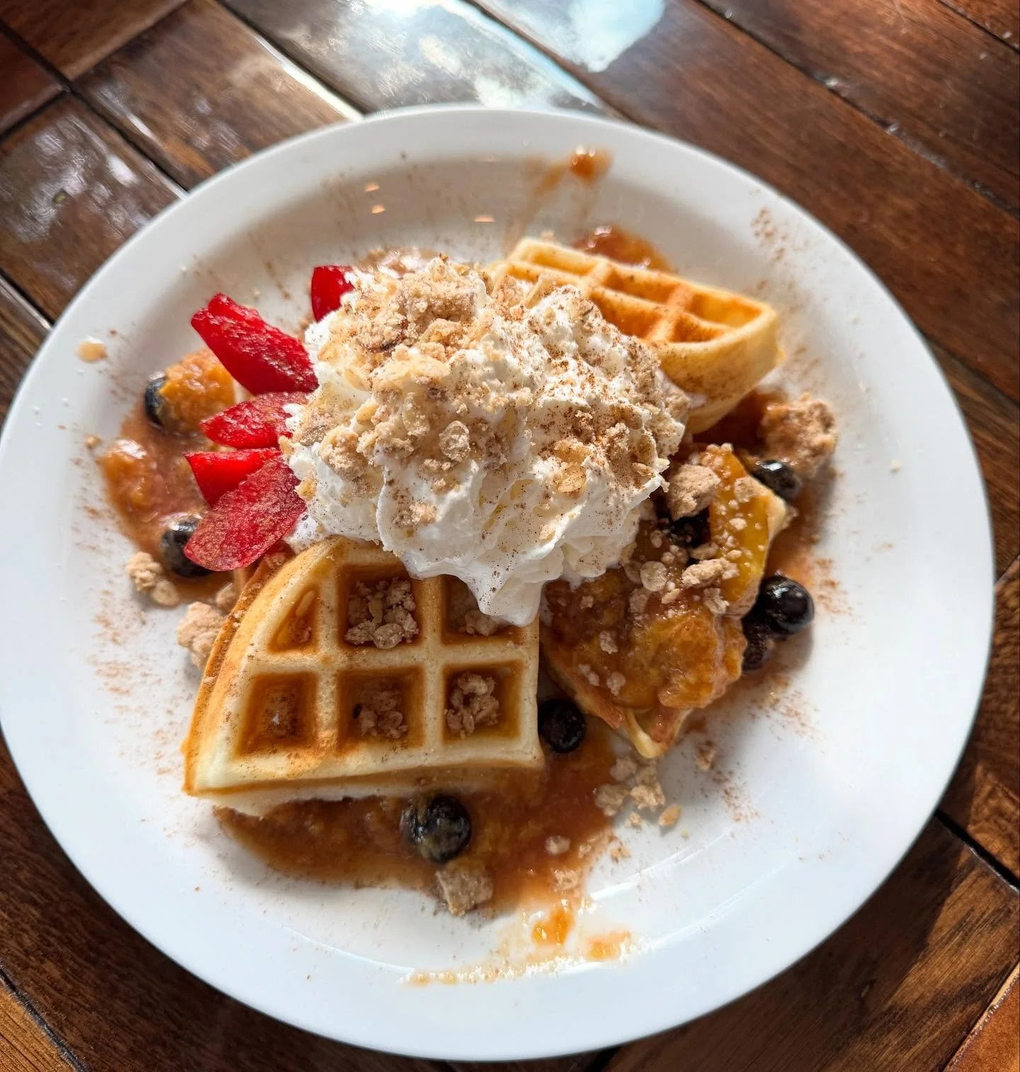 Have you tried out September seasonal waffle? We are serving for one more week! Come enjoy Summer&rsquo;s End Cobbler - a tasty Belgian waffle with peach compote, blueberries, whip and homemade streusel topping.
