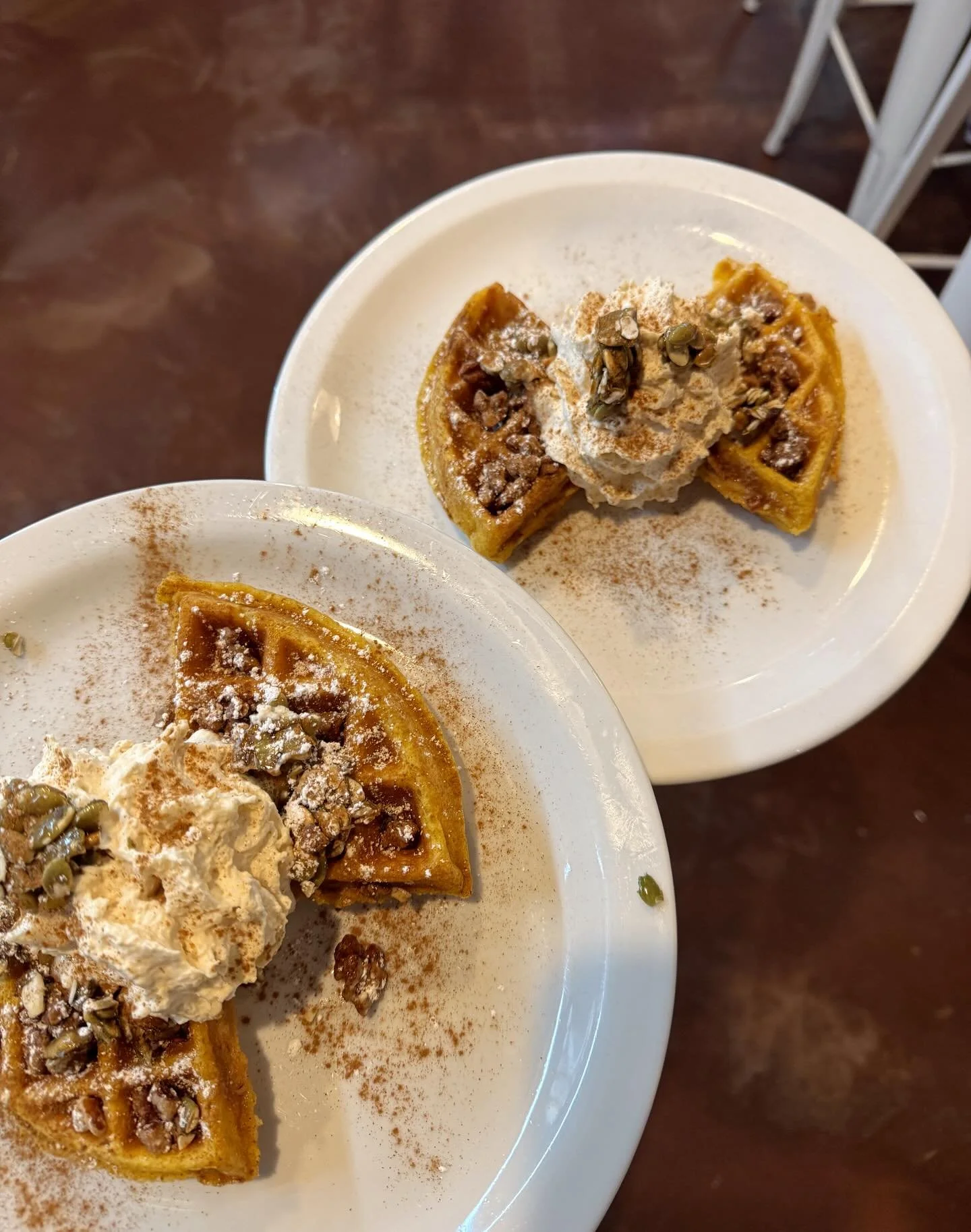 October 1st marks time for all things pumpkin! 🎃 Now serving a delicious pumpkin spice waffle with maple whip cream, toffee candied pumpkin seeds and candied pecans