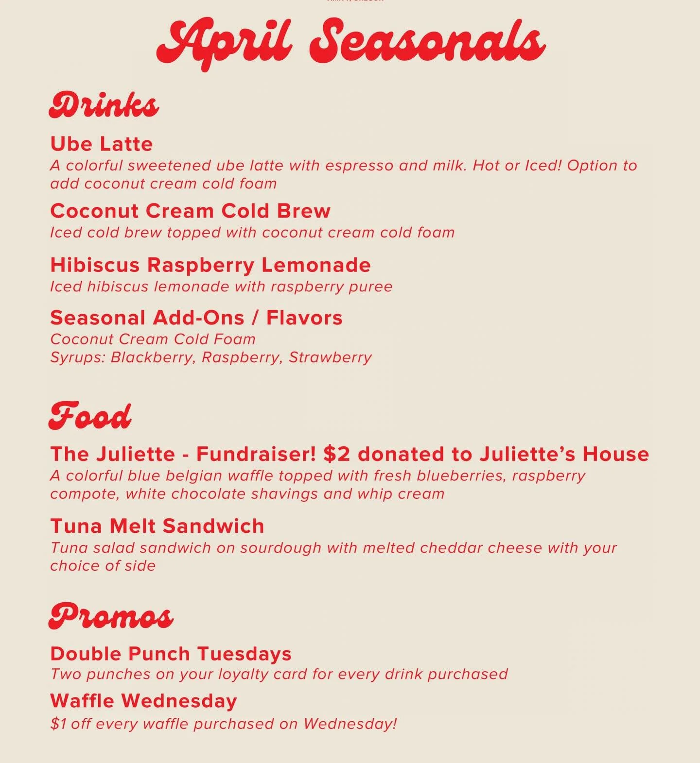 April 1st - and this is no joke! Introducing this month&rsquo;s seasonal flavors at The Common Cup!