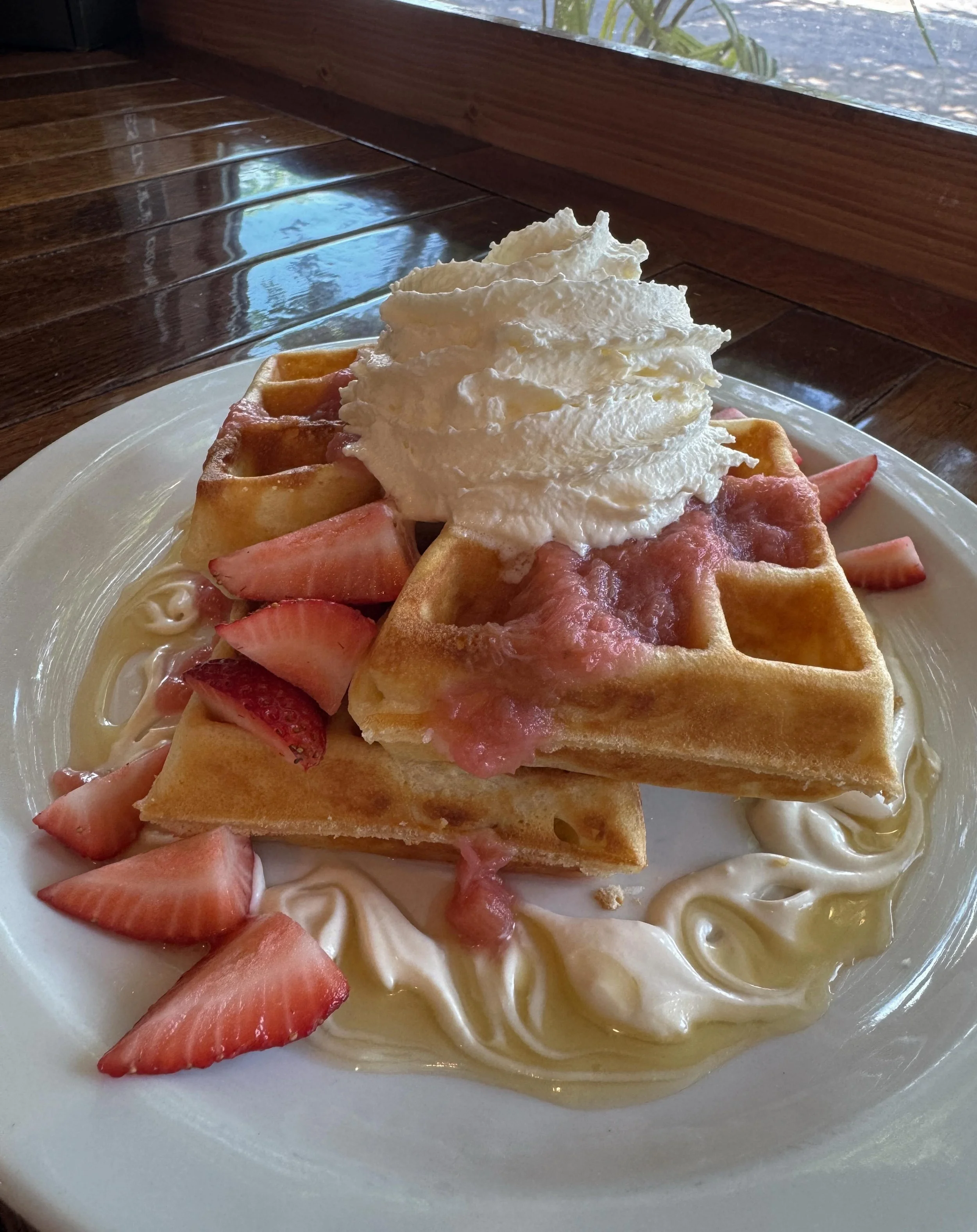 🍓 Strawberry Rhubarb Waffle 🍓 
Enjoy this refreshing summer waffle, a little sweet, a little sour. Topped with homemade rhubarb compote, strawberries, mascarpone, whip and a honey drizzle 🍯