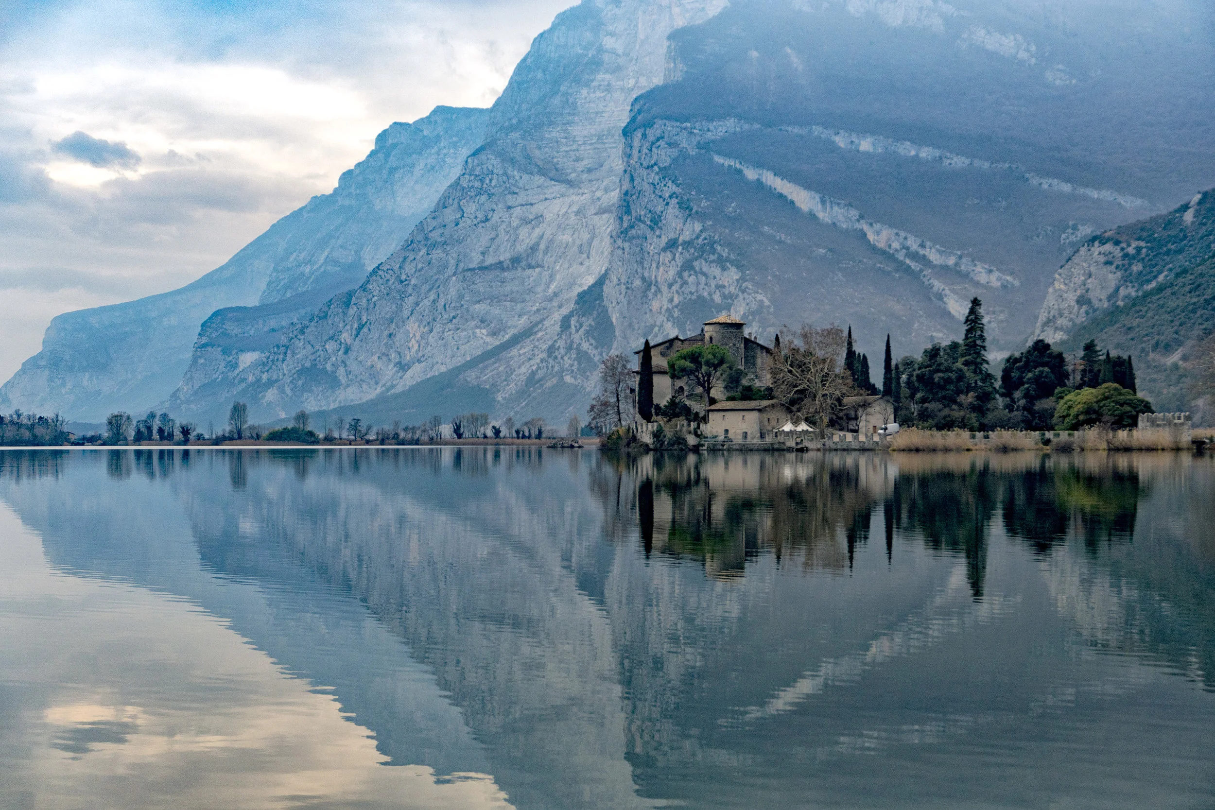 toblino castle view on winter day