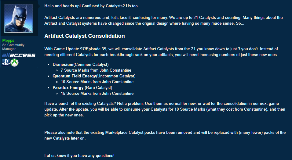 Development Update: Artifact Catalyst Consolidation