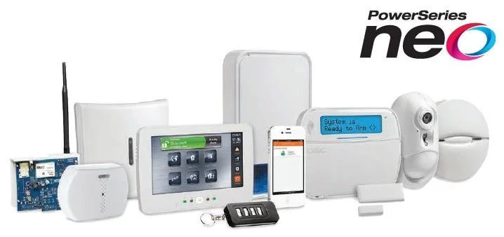DSC PowerSeries NEO security system with keypads, sensors, and accessories.