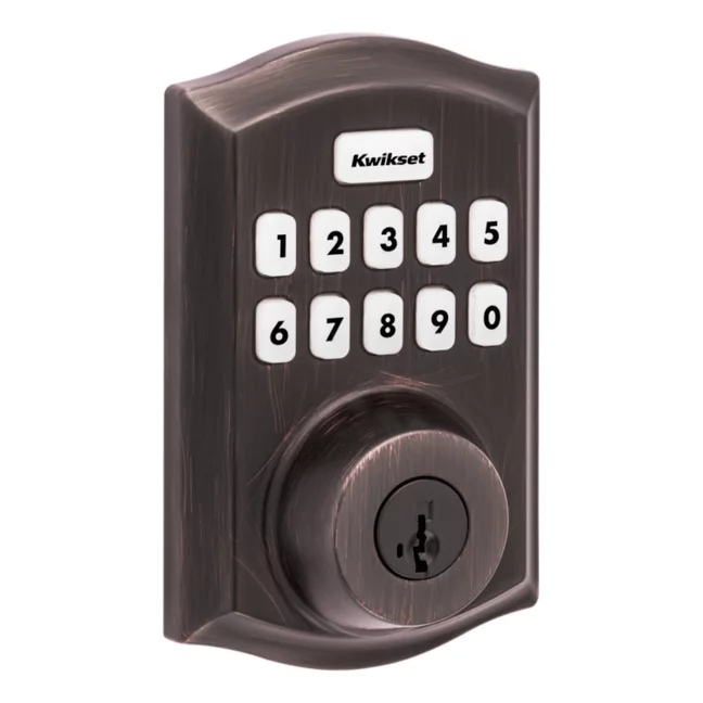 Kwikset Home Connect 620 keypad smart lock in Venetian bronze.