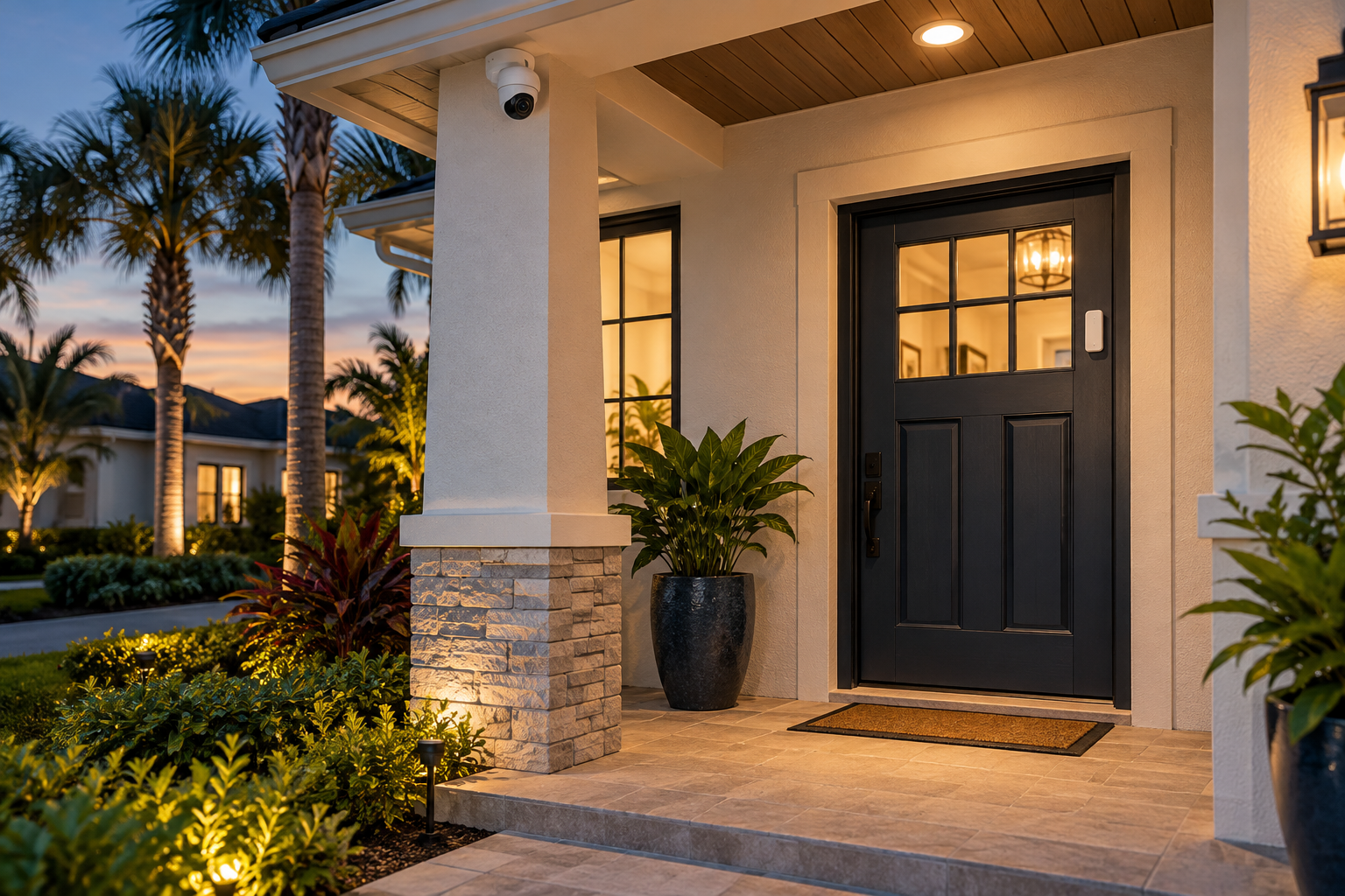 Home entrance at dusk with a security camera mounted beneath the porch roof.