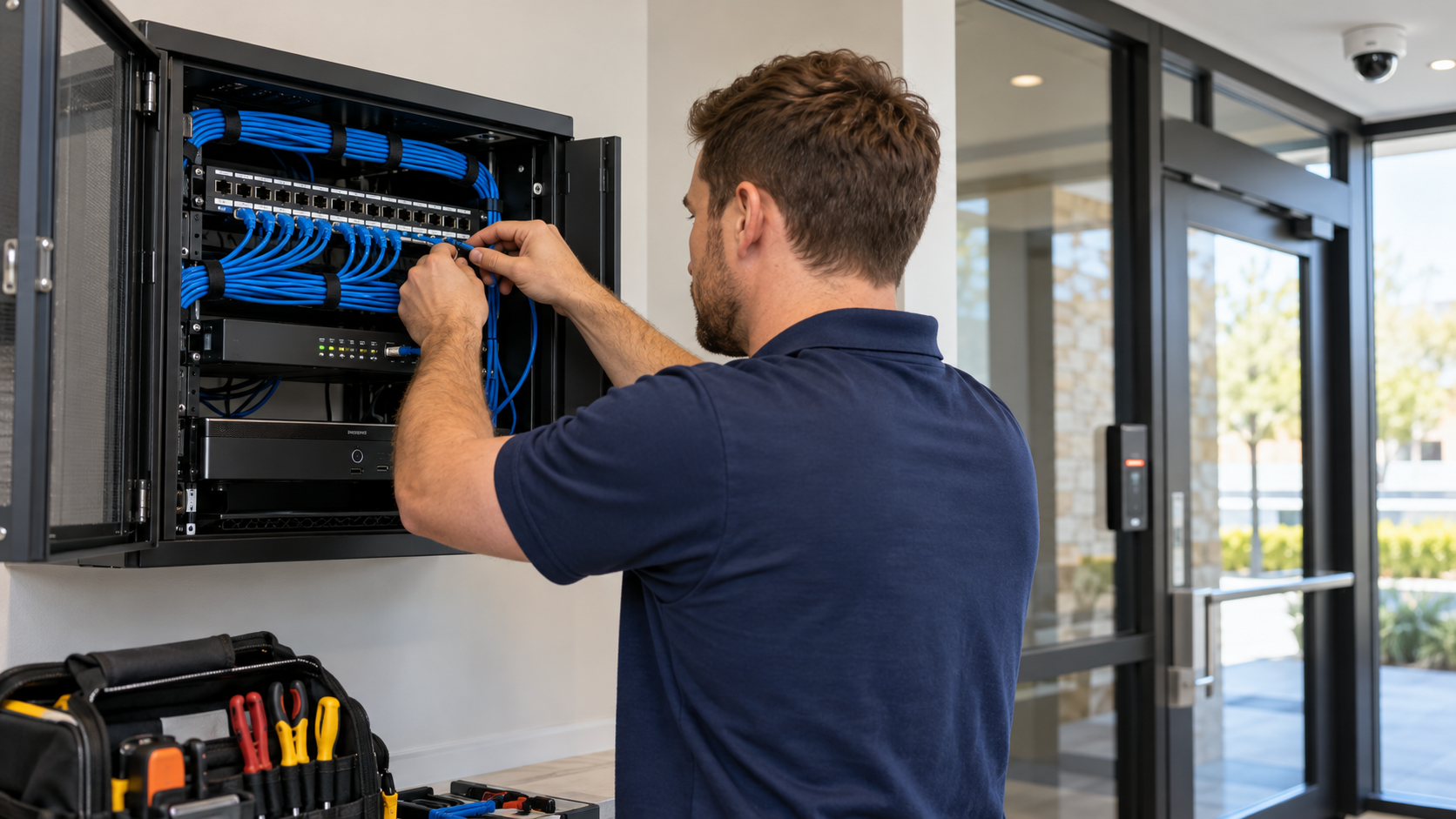 Technician connecting network cables inside a low-voltage equipment cabinet.