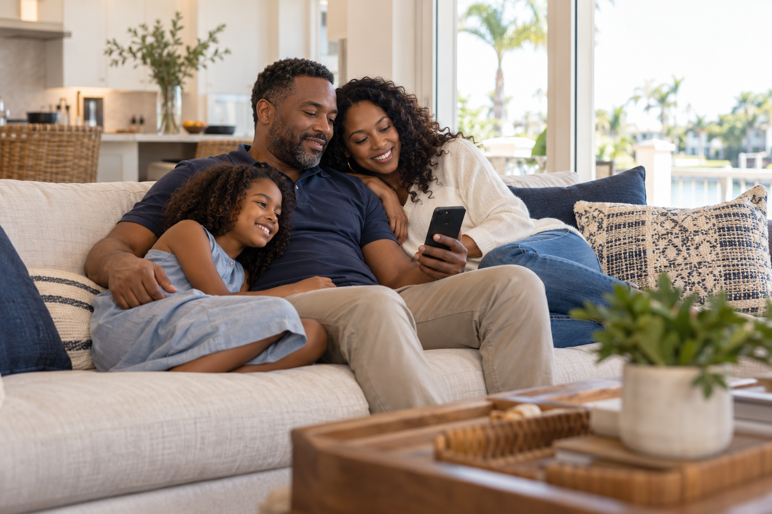 Family relaxing together on a sofa while looking at a smartphone.