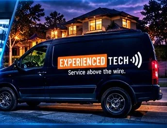 Experienced Tech service van parked outside a home at dusk.