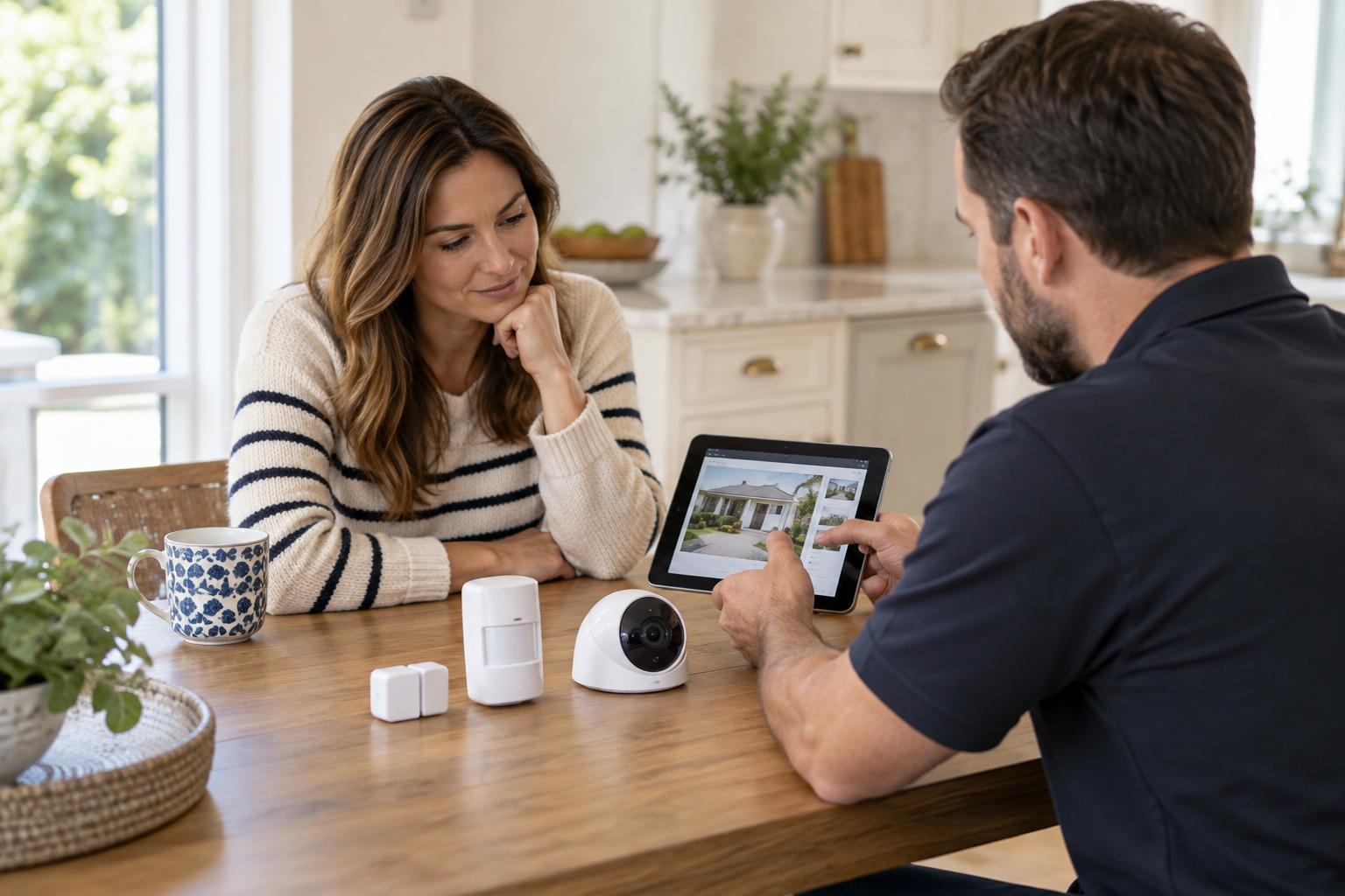 Homeowner reviewing security camera views on a tablet with a technician.