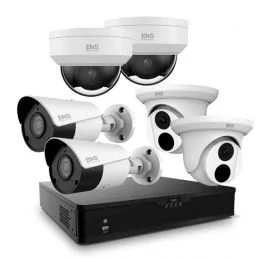 Surveillance camera package with dome cameras, bullet cameras, turret cameras, and a network video recorder.