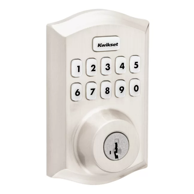 Kwikset Home Connect 620 keypad smart lock in satin nickel.
