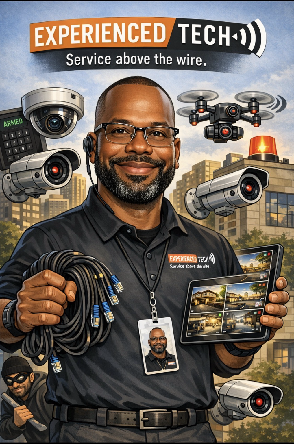 Illustration of an Experienced Tech technician holding cables and a tablet displaying security camera views.