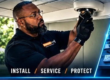 Experienced Tech technician installing a dome security camera — Install, Service, Protect.