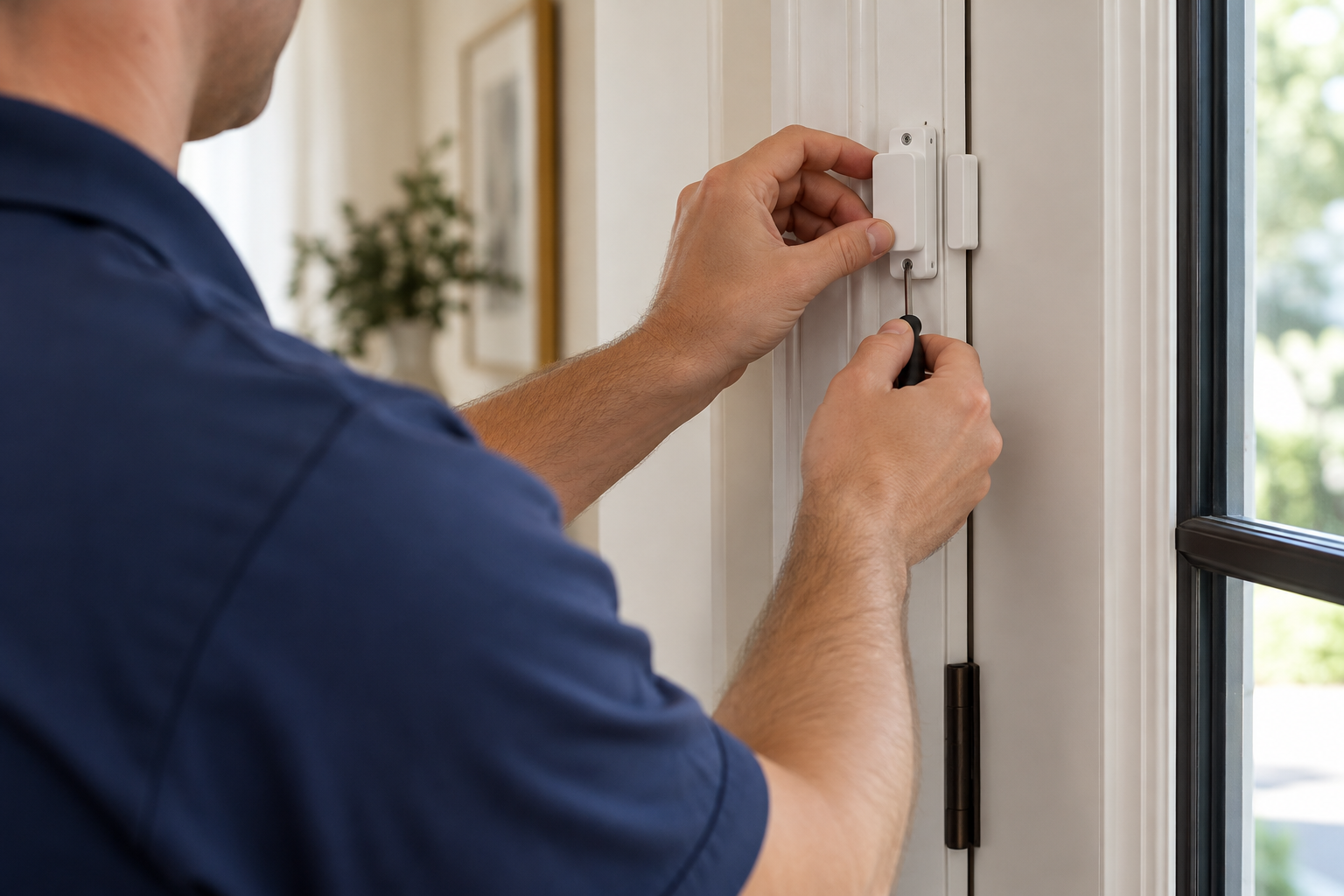 Technician installing a security sensor on a door frame.