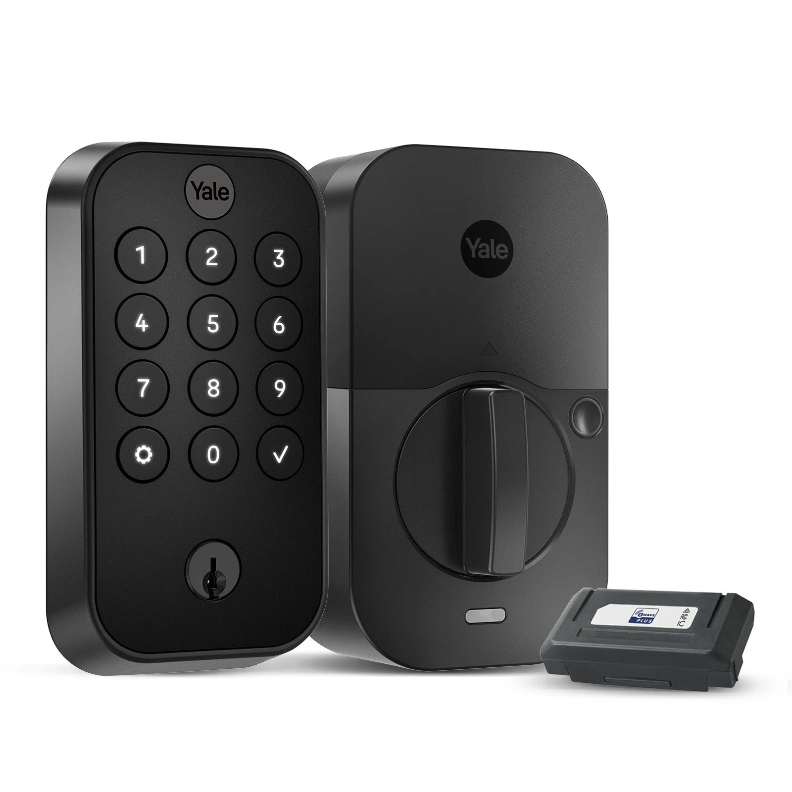 Yale ProSL smart lock showing exterior keypad, interior assembly, and accessory module in a dark finish.