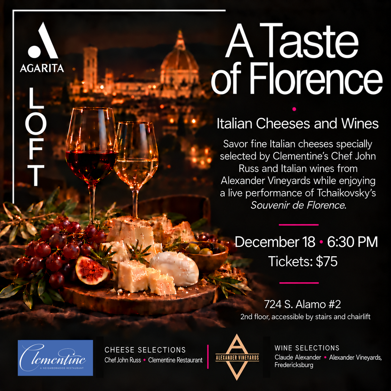 Ticketed Event: A Taste of Florence- Italian Cheeses &amp; Wines