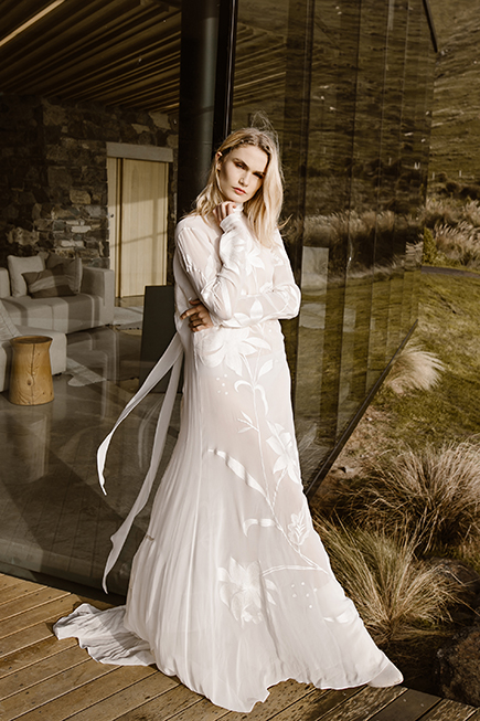 Modern chiffon flowy wedding dress with high collar and long sleeves 