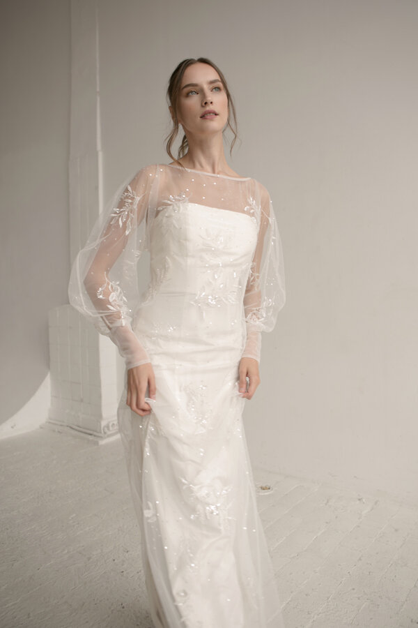  Beaded sheer tulle robe with bishop sleeves 