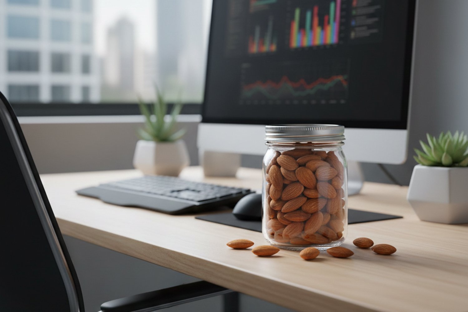 Raw almonds in a glass jar on a work desk