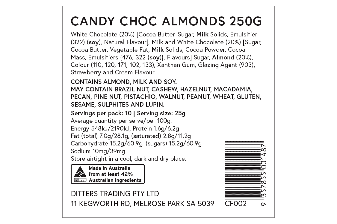 Ditters candy chocolate almonds back label