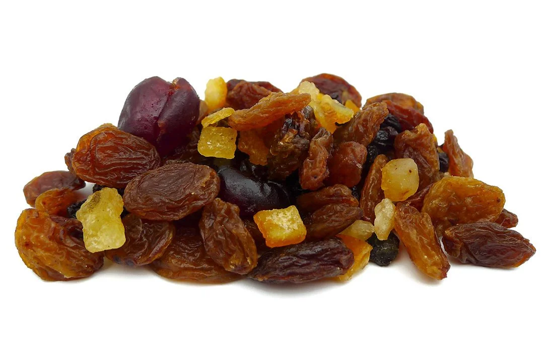 Mix of sultanas, raisins, currants, mixed peel and glace cherries on white background sold by Ditters in Adelaide
