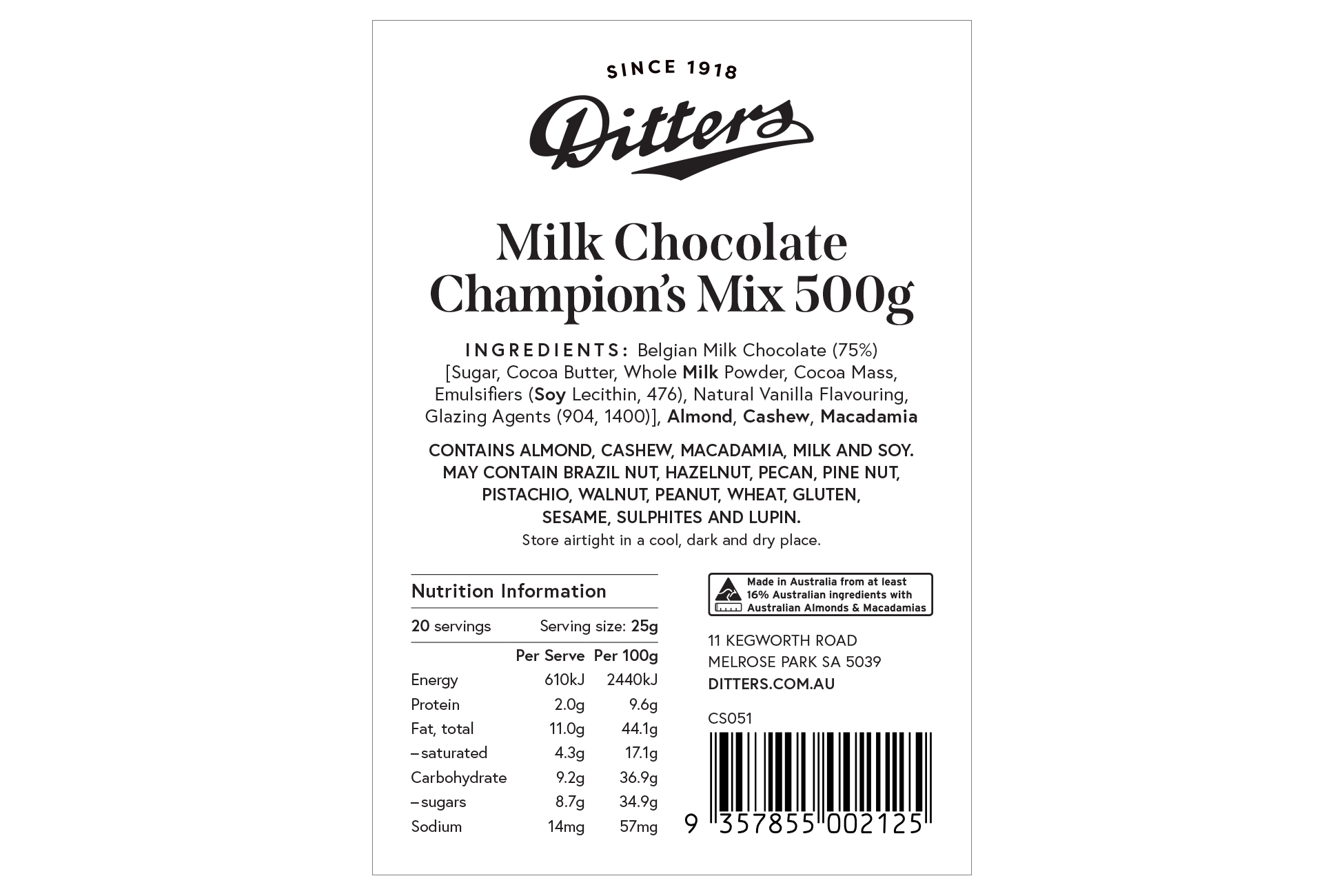 Ditters milk chocolate champion’s mix ingredients label