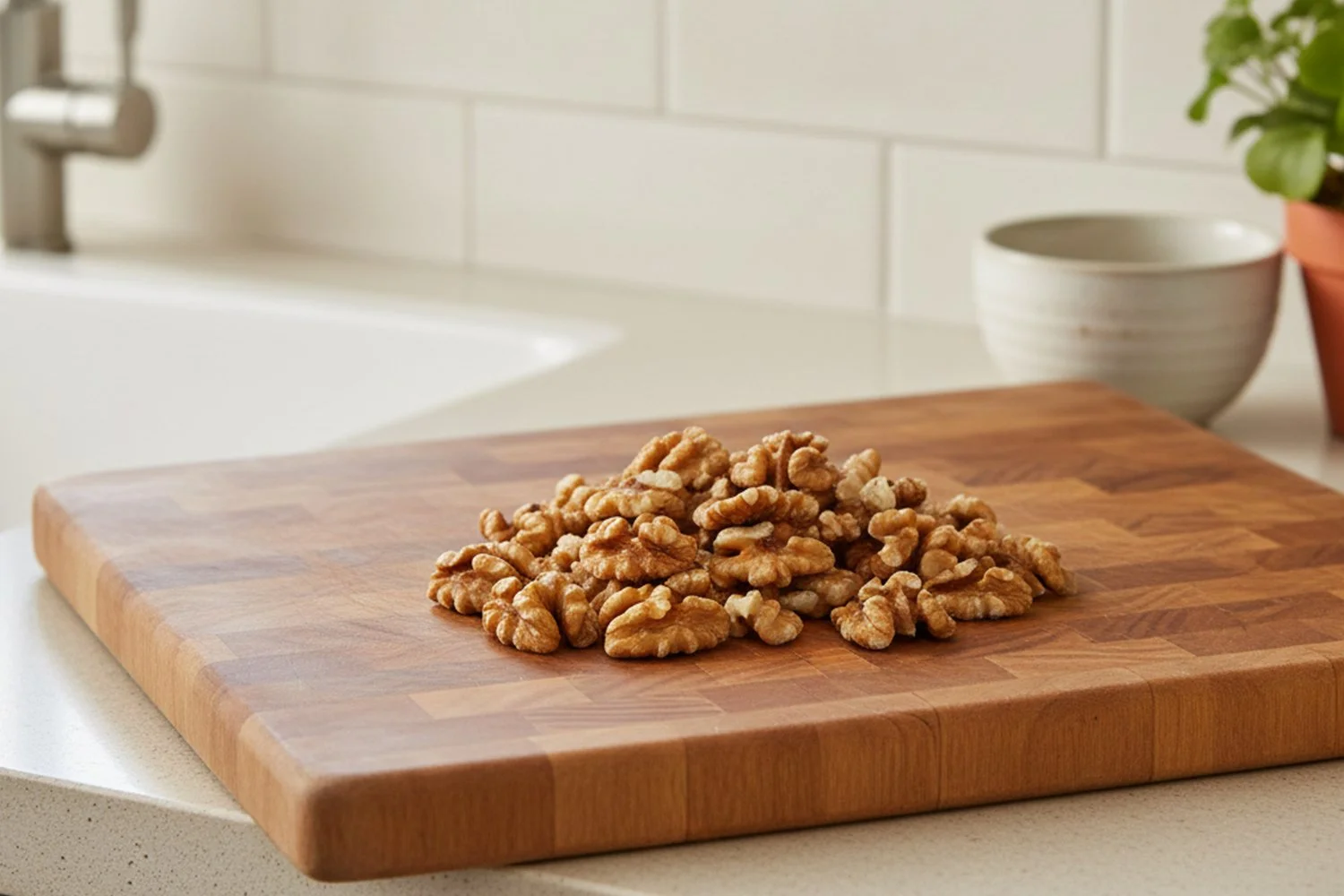raw walnuts on a timber board in white kitchen