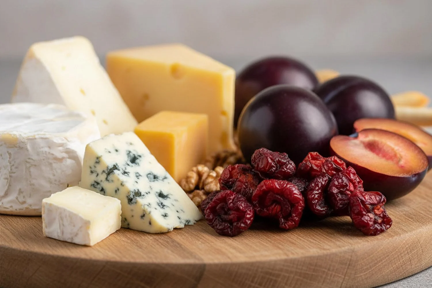 dried plums on a cheeseboard