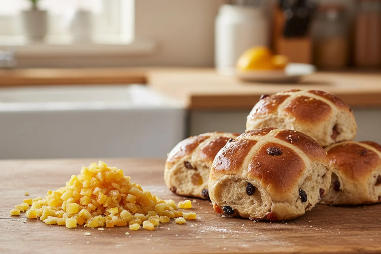 pile of citrus peel next to some fruit hot cross buns in a kitchen