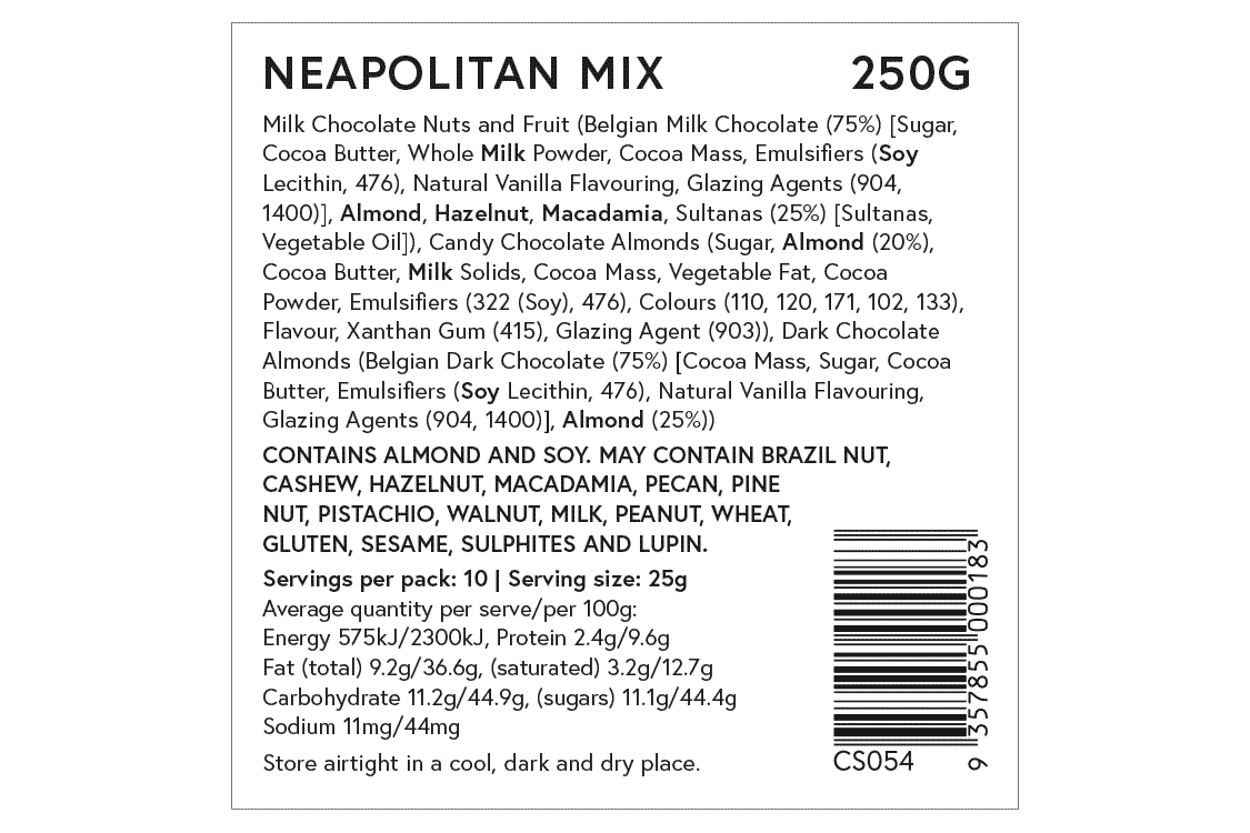 Ditters neapolitan mix ingredients label