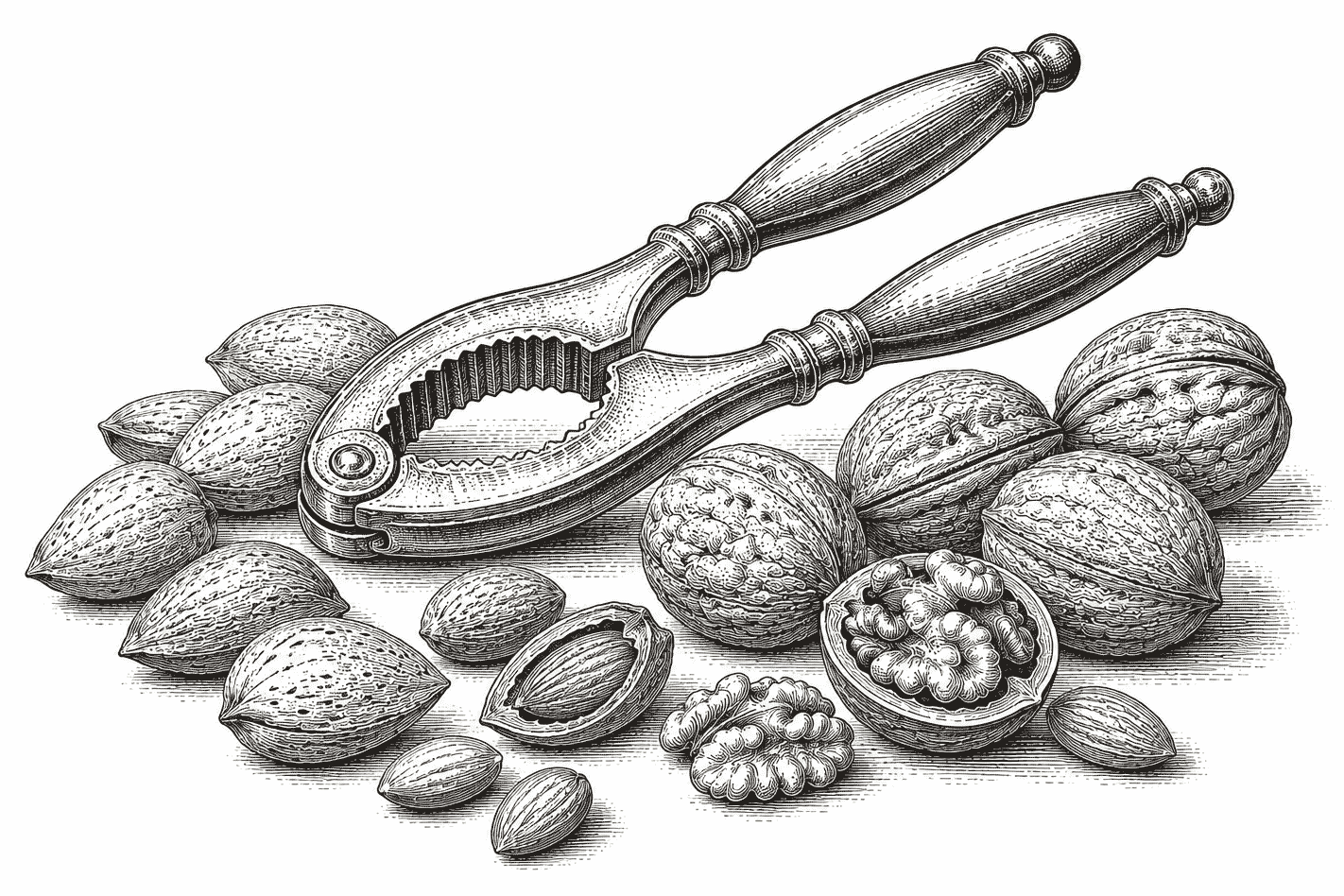 Vintage engraved illustration of a traditional nutcracker surrounded by whole almonds and walnuts in their shells, with a few cracked nuts revealing the kernels inside.