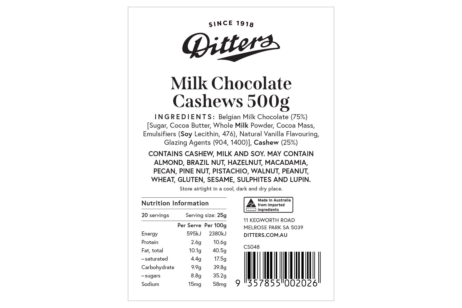 Ditters milk chocolate cashews ingredients label