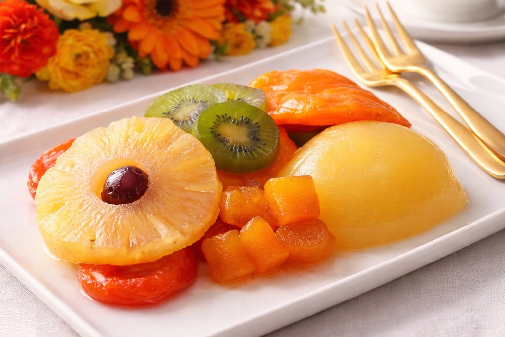 marble platter with glace pineapple, apricot, peach, pear, ginger, kiwifruit and pear with two small gold forks
