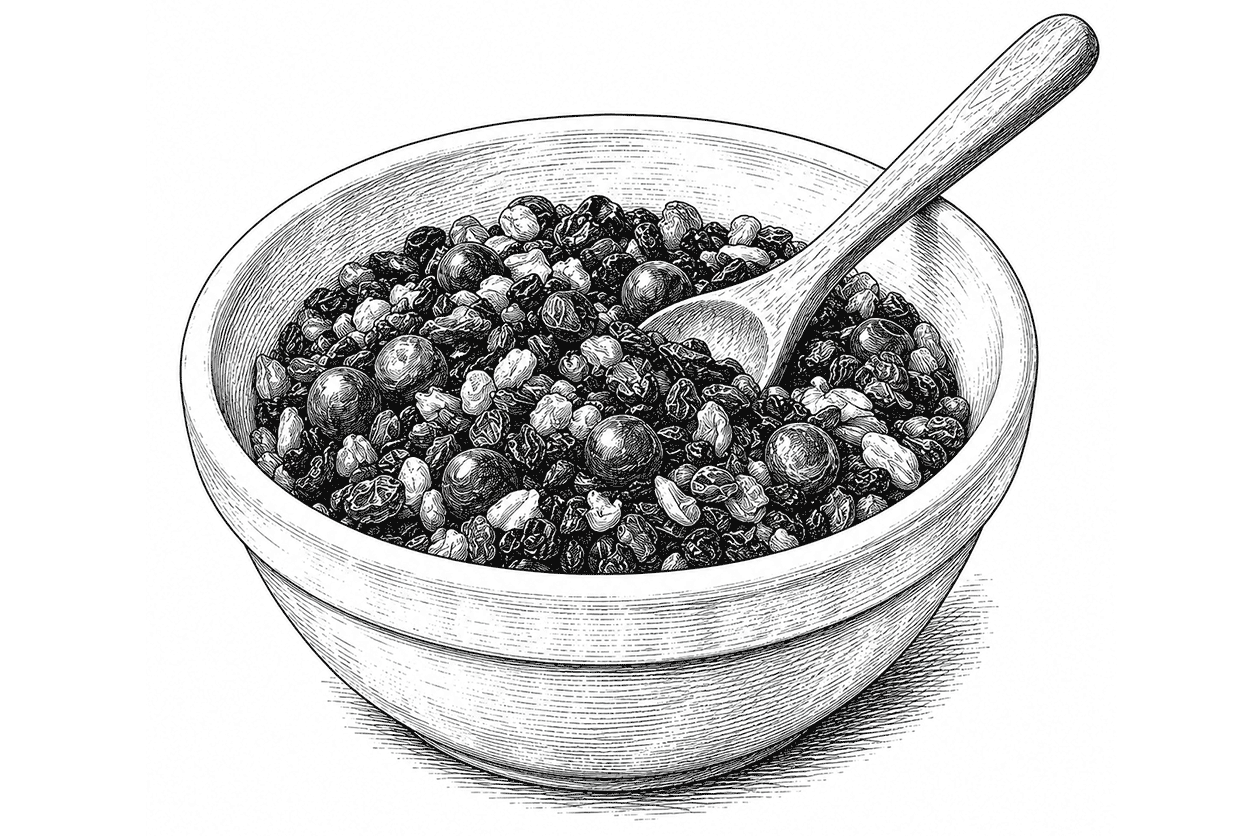 Vintage engraved illustration of a mixing bowl filled with fruit cake mixture and a wooden spoon.