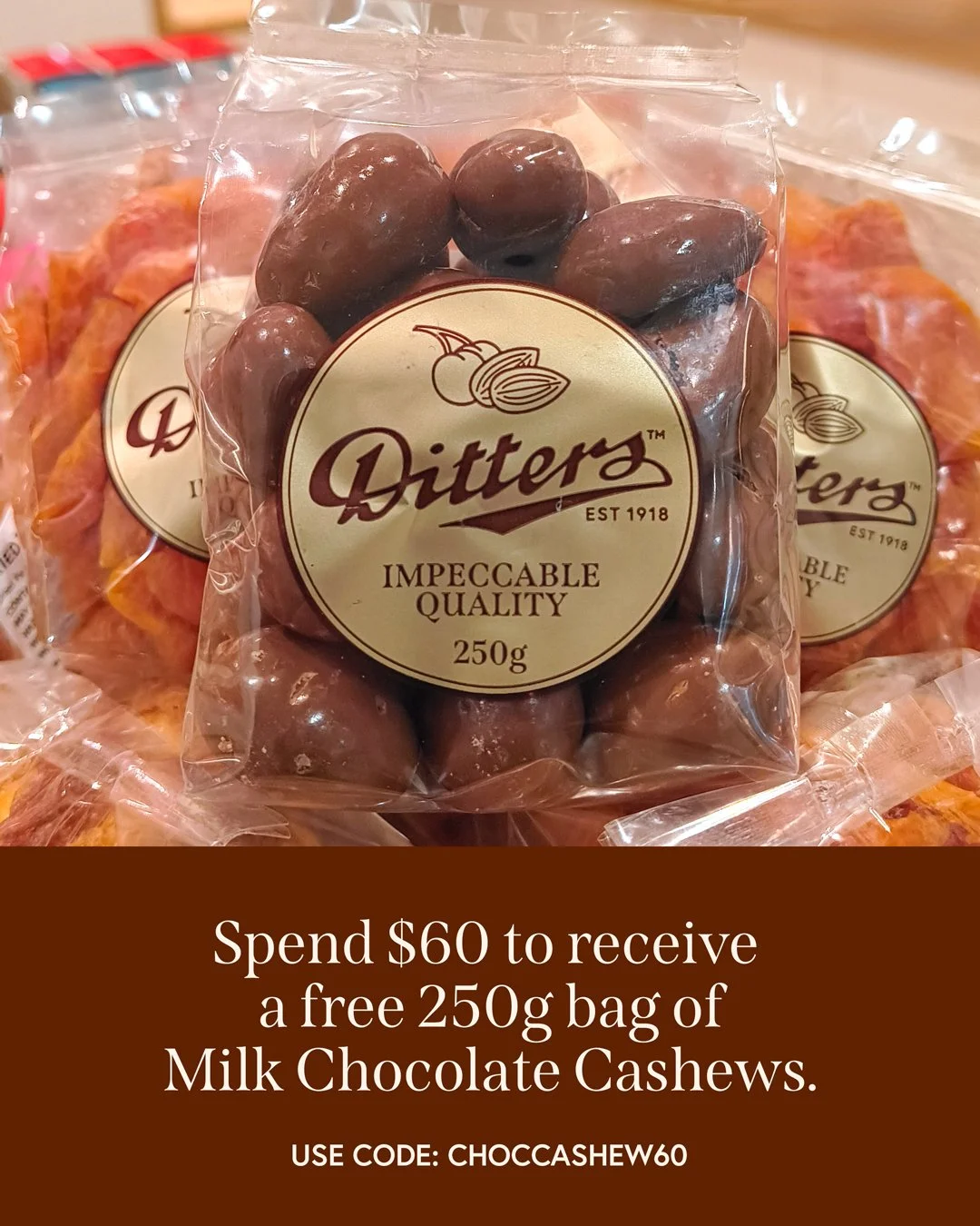 🎁 Enjoy a $20 treat from us 🤎
Spend $60 or more and we&rsquo;ll add a free bag of Milk Chocolate Cashews to your order. Don't miss out! *T&amp;Cs apply