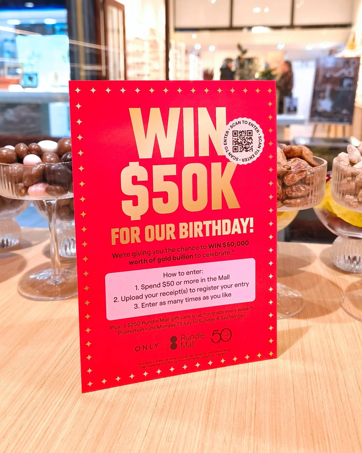 Shopping at Ditters in Adelaide Arcade?

Spend $50 or more across Rundle Mall in one day, then upload your receipt (or combined receipts) for the chance to win $50,000 worth of gold bullion.

There are also weekly $250 Rundle Mall Gift Cards to be wo