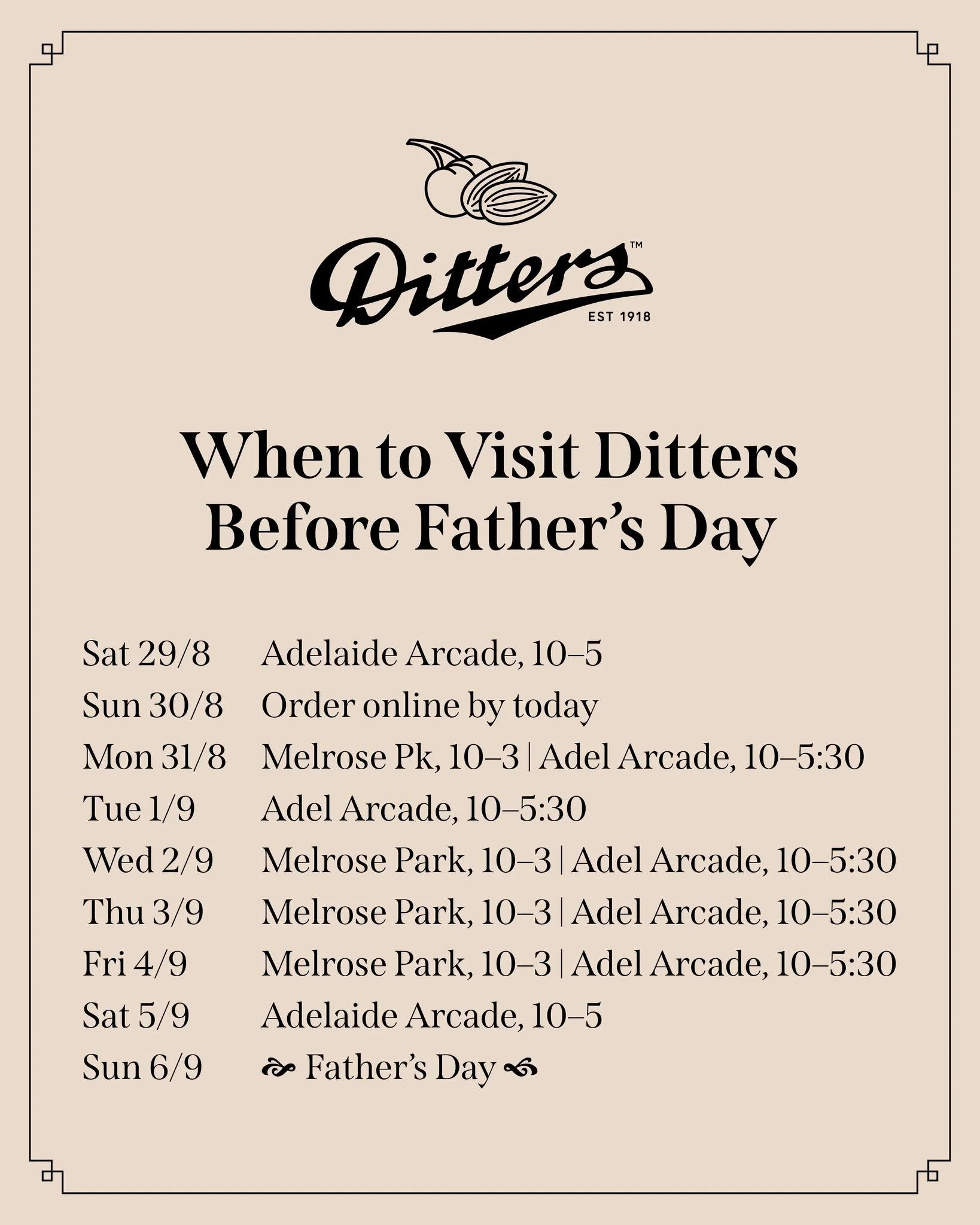 A gift for your favourite person doesn&rsquo;t need to be complicated. Sometimes it&rsquo;s simply the nuts, chocolate or cake you know he loves. Visit us this week to choose something you know he&rsquo;ll enjoy.

📦 Sending a gift to Dad? Sunday 30 