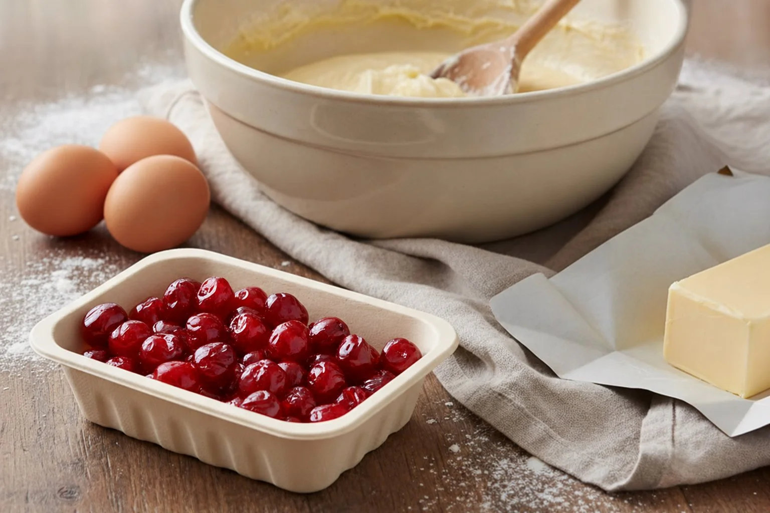 Red glacé cherries beside a mixing bowl, eggs, flour and butter, ready for baking.
