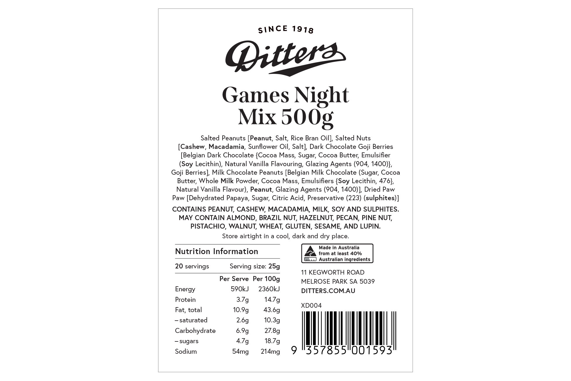 Ditters games night mix ingredients label